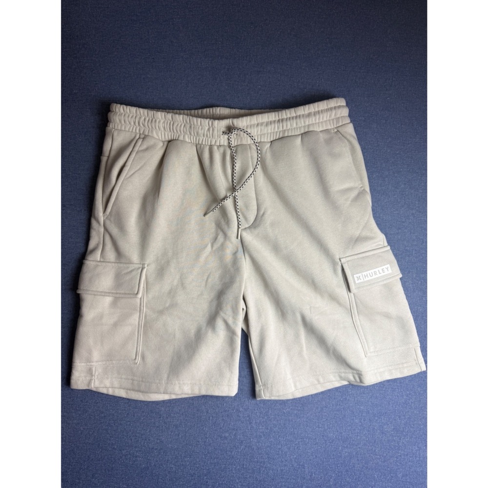 Hurley Mens Cargo Fleece Shorts Beige Elastic Waist Drawstring Size Large L